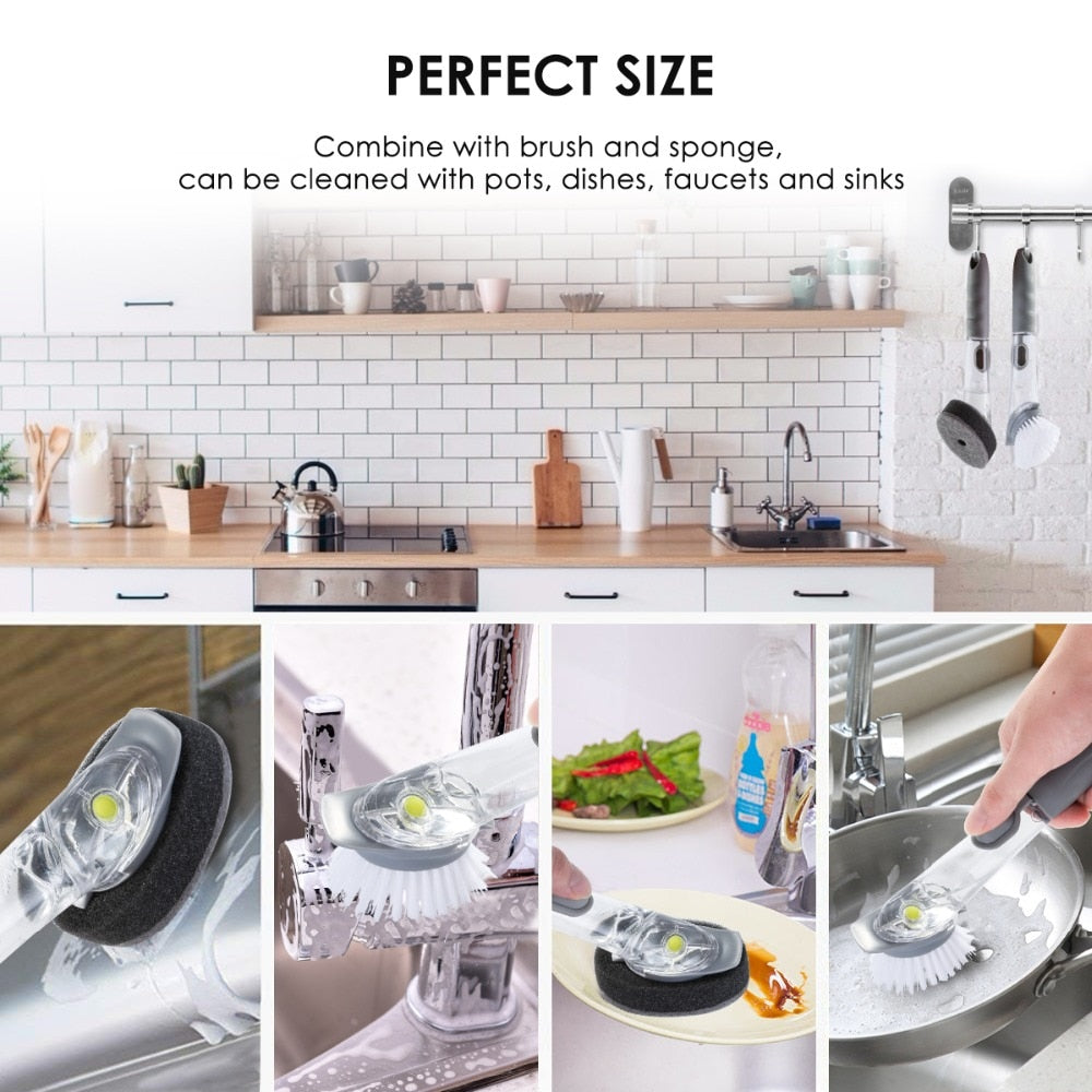 Double Brush Kitchen Cleaning Brush Scrubber Dish Bowl Washing Sponge With Refill Liquid Soap Dispenser Kitchen Pot Cleaner Tool
