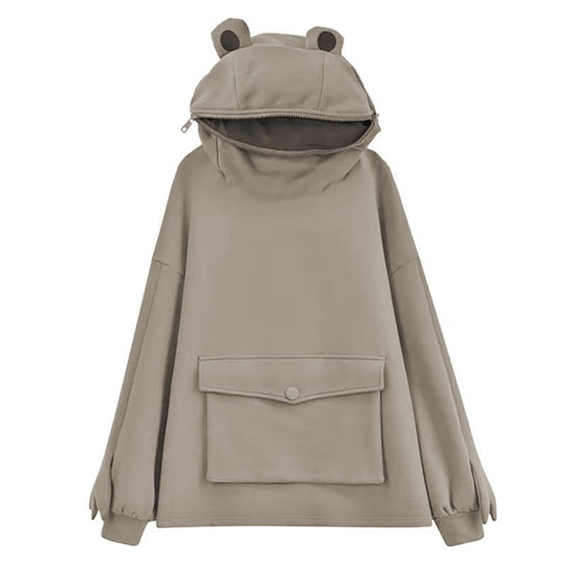 Harajuku Women Hoodie Frog Pullover Winter Sense Hooded Casual Sweatshirts Autumn Embroidery Loose Top Doll Decoration Hoodies