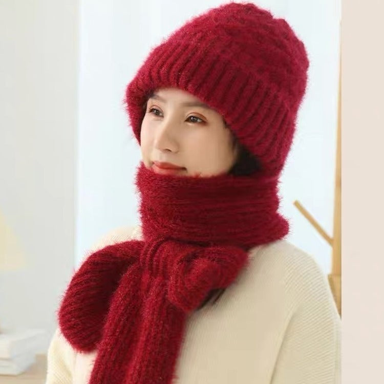 Velvet winter hat and scarf integrated women's riding electric bike windproof hat Northeast winter cold knitted warm hat trend