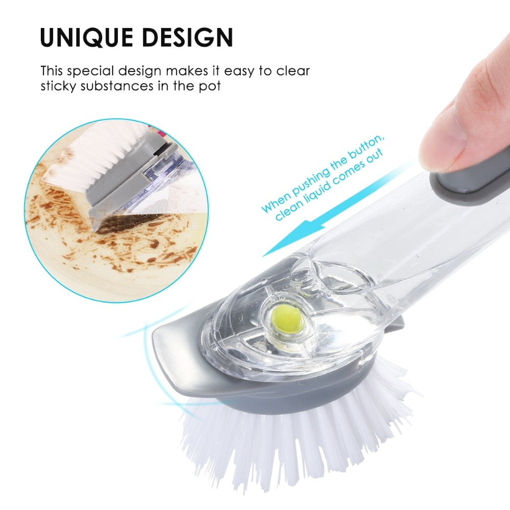 Double Brush Kitchen Cleaning Brush Scrubber Dish Bowl Washing Sponge With Refill Liquid Soap Dispenser Kitchen Pot Cleaner Tool
