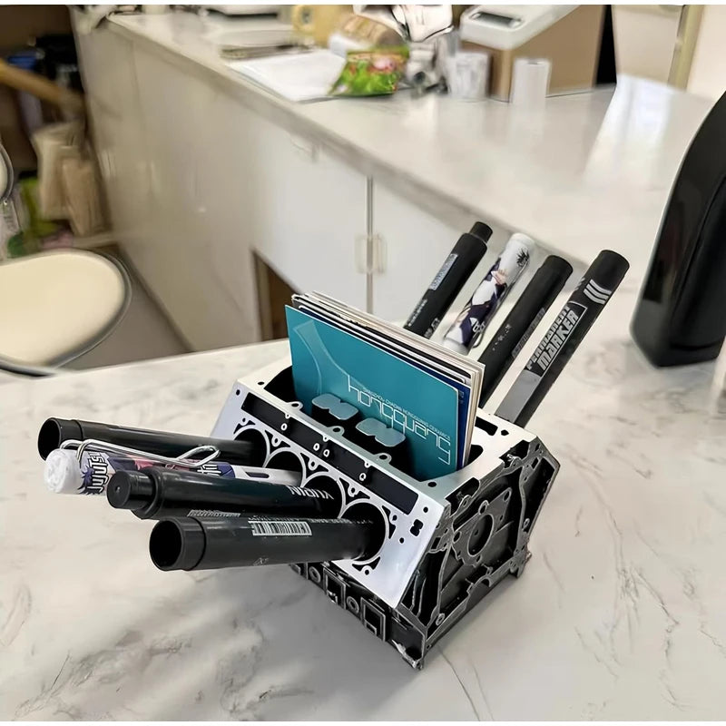 Engine Block Desk Organizer: Modern art for desktop/bookshelf. Holds business cards, a creative office accessory.