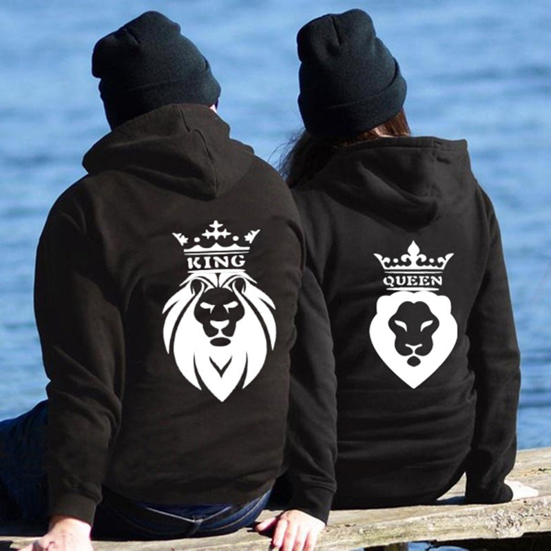 Fashionable KING QUEEN Couple Hoodies Valentine's Day Hooded Sweatshirts with Caps