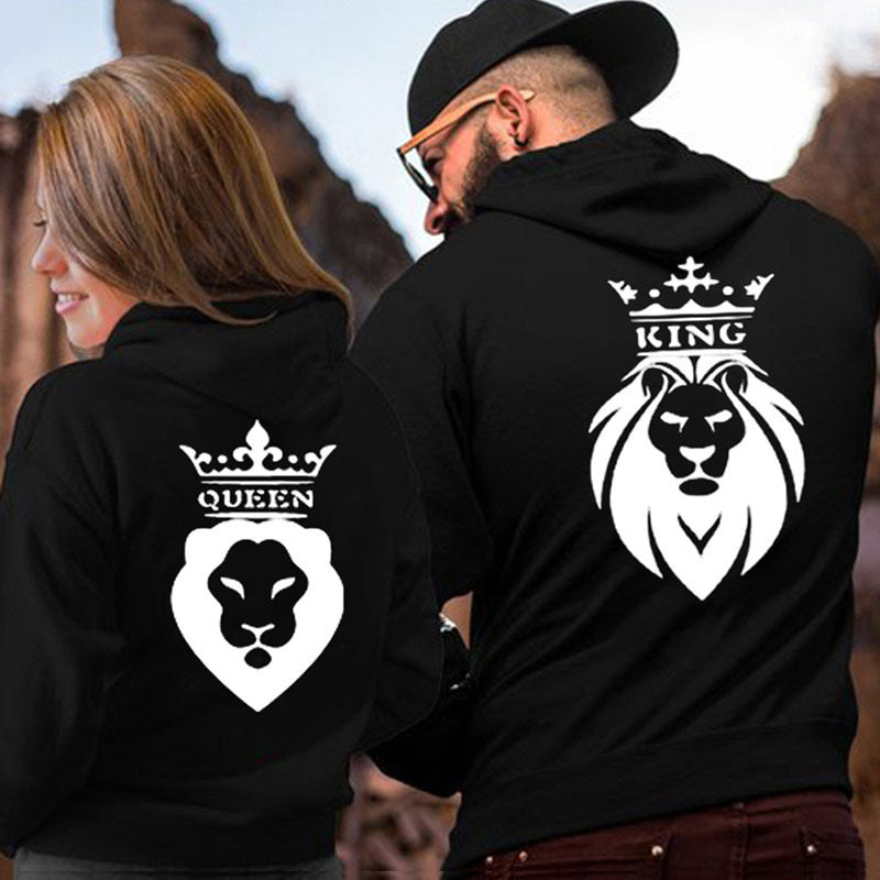 Fashionable KING QUEEN Couple Hoodies Valentine's Day Hooded Sweatshirts with Caps