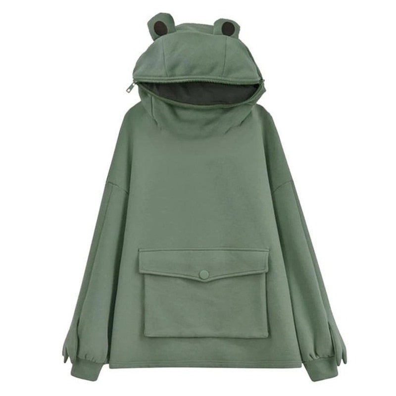 Harajuku Women Hoodie Frog Pullover Winter Sense Hooded Casual Sweatshirts Autumn Embroidery Loose Top Doll Decoration Hoodies