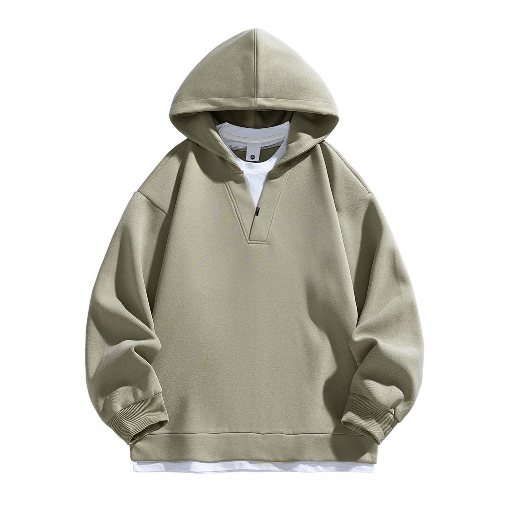 Fake two V-neck hooded men's hoodies for autumn and winter
