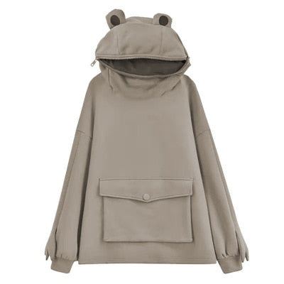 Harajuku Women Hoodie Frog Pullover Winter Sense Hooded Casual Sweatshirts Autumn Embroidery Loose Top Doll Decoration Hoodies