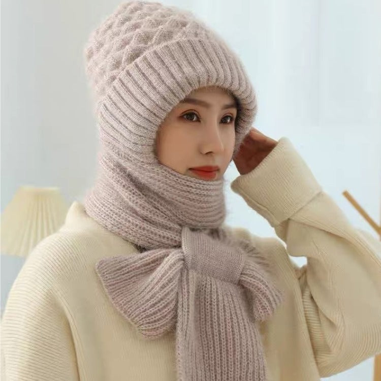 Velvet winter hat and scarf integrated women's riding electric bike windproof hat Northeast winter cold knitted warm hat trend