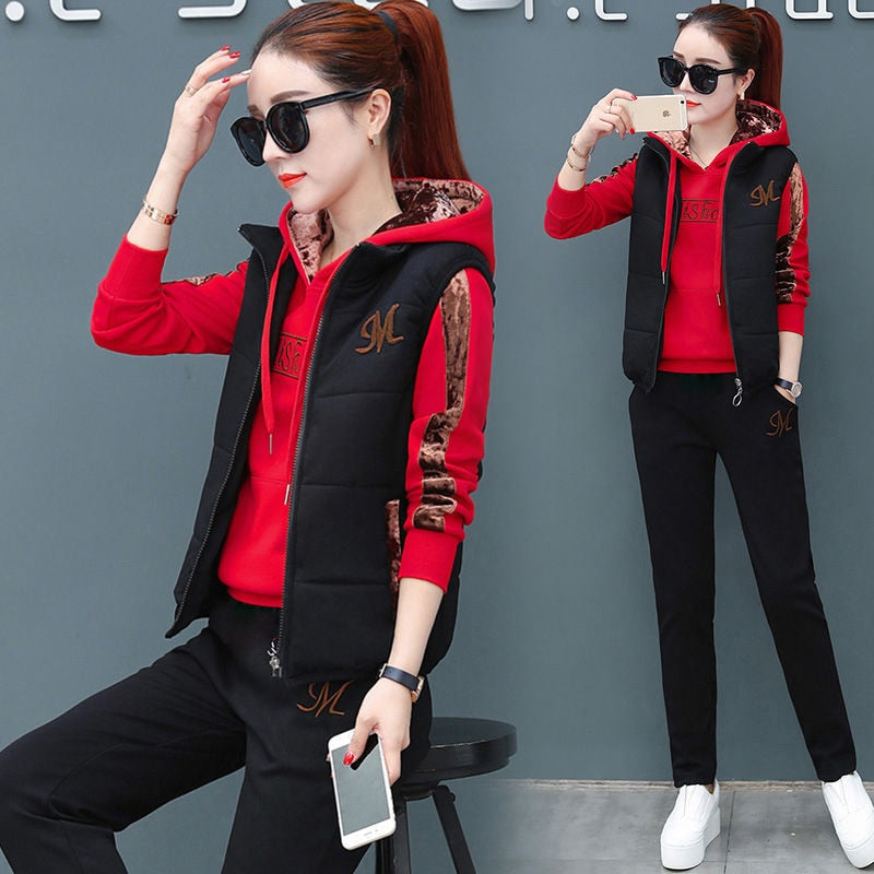 Women Suit Tracksuit Winter 3 Piece Set Hoodies+Vest+Pants Casual Suit Plus Velvet Warm Sporting Women's Suits Female Clothes