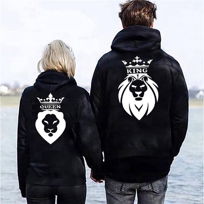 Fashionable KING QUEEN Couple Hoodies Valentine's Day Hooded Sweatshirts with Caps