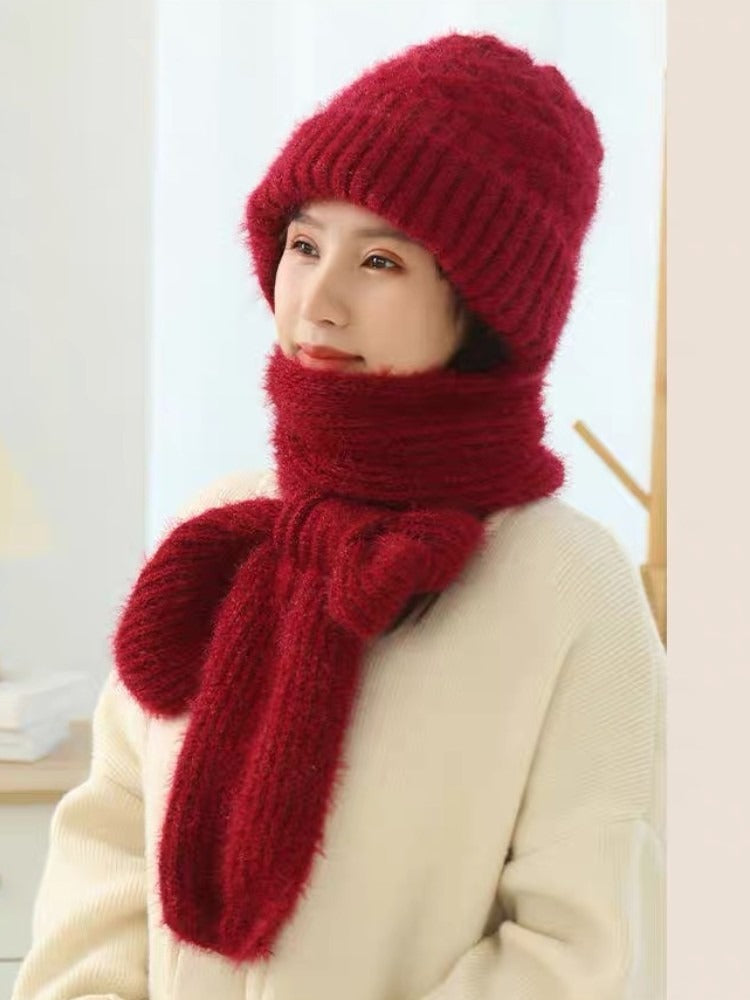 Velvet winter hat and scarf integrated women's riding electric bike windproof hat Northeast winter cold knitted warm hat trend