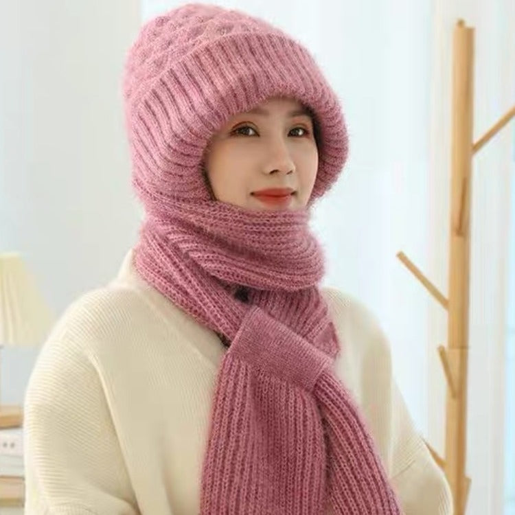 Velvet winter hat and scarf integrated women's riding electric bike windproof hat Northeast winter cold knitted warm hat trend