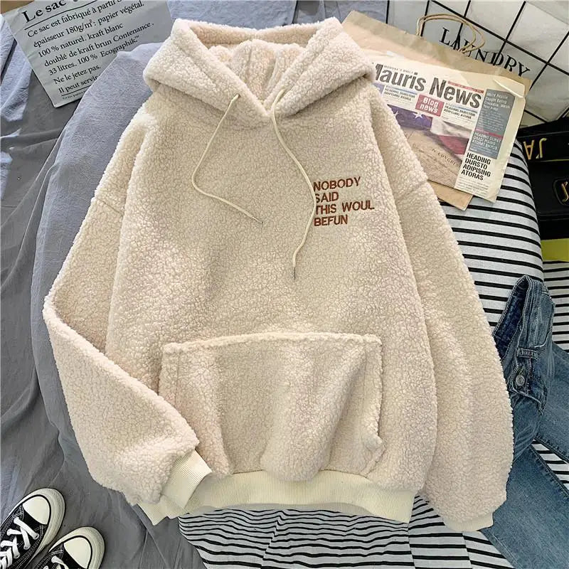 Loose Pocket Hoodies Womens Fleece Flannel Pullover Female Sweatshirt