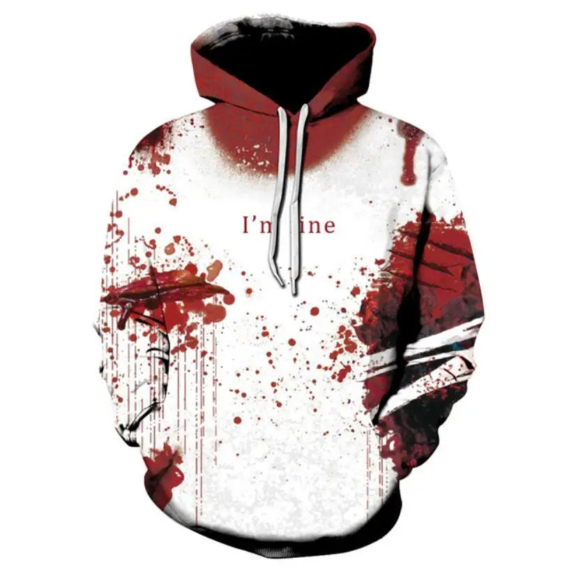 3D Print Wound Horror Blood Hoodies Sweatshirts Women Men I'M FINE Letter Hoodie Jumper Tracksuit Pullover Cosplay Tops