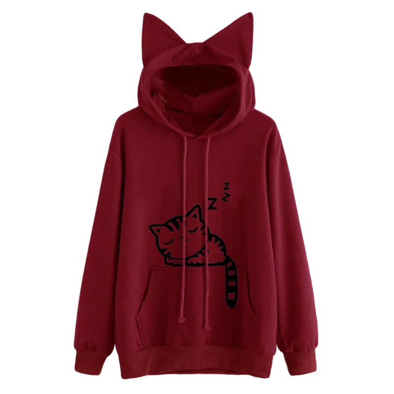 Women Hoodies Sweatshirt Kawaii Pink Winter Cat Pattern Long Sleeve Moletom Hooded Sweatshirts Ear Hooed