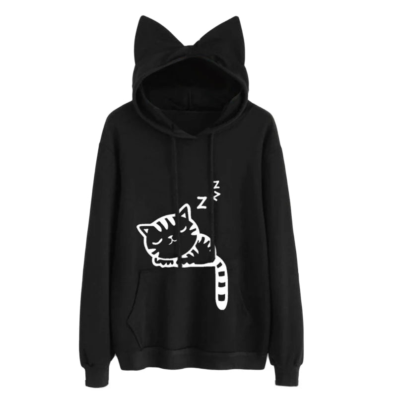 Women Hoodies Sweatshirt Kawaii Pink Winter Cat Pattern Long Sleeve Moletom Hooded Sweatshirts Ear Hooed