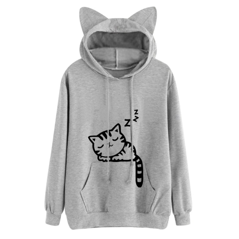 Women Hoodies Sweatshirt Kawaii Pink Winter Cat Pattern Long Sleeve Moletom Hooded Sweatshirts Ear Hooed