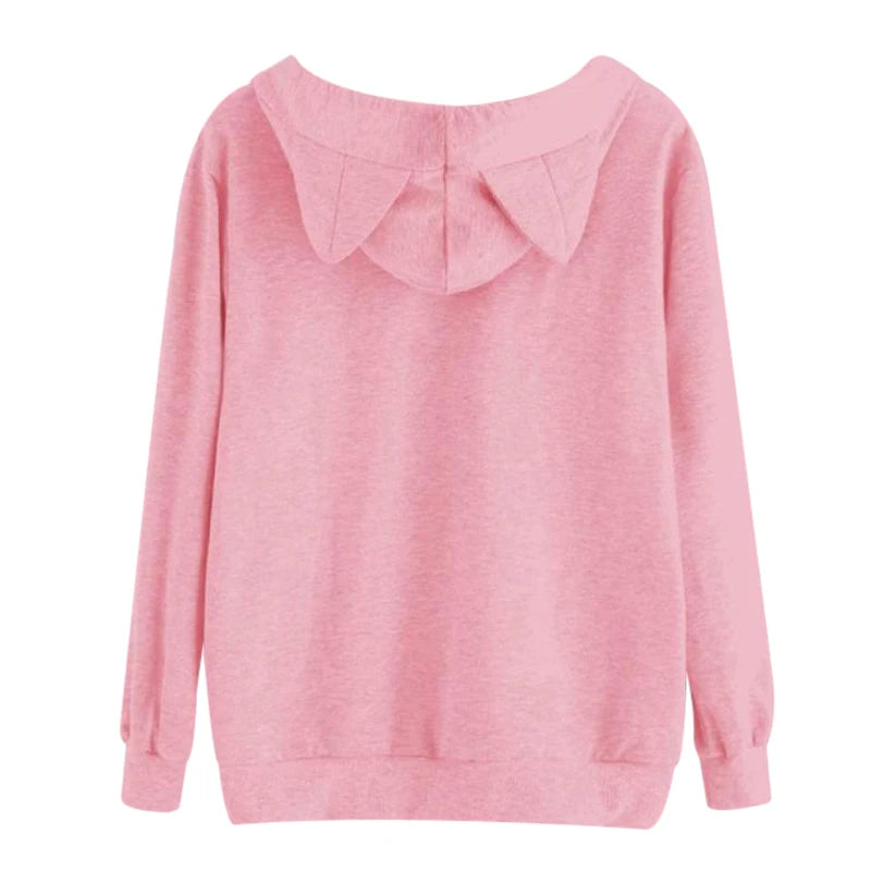 Women Hoodies Sweatshirt Kawaii Pink Winter Cat Pattern Long Sleeve Moletom Hooded Sweatshirts Ear Hooed