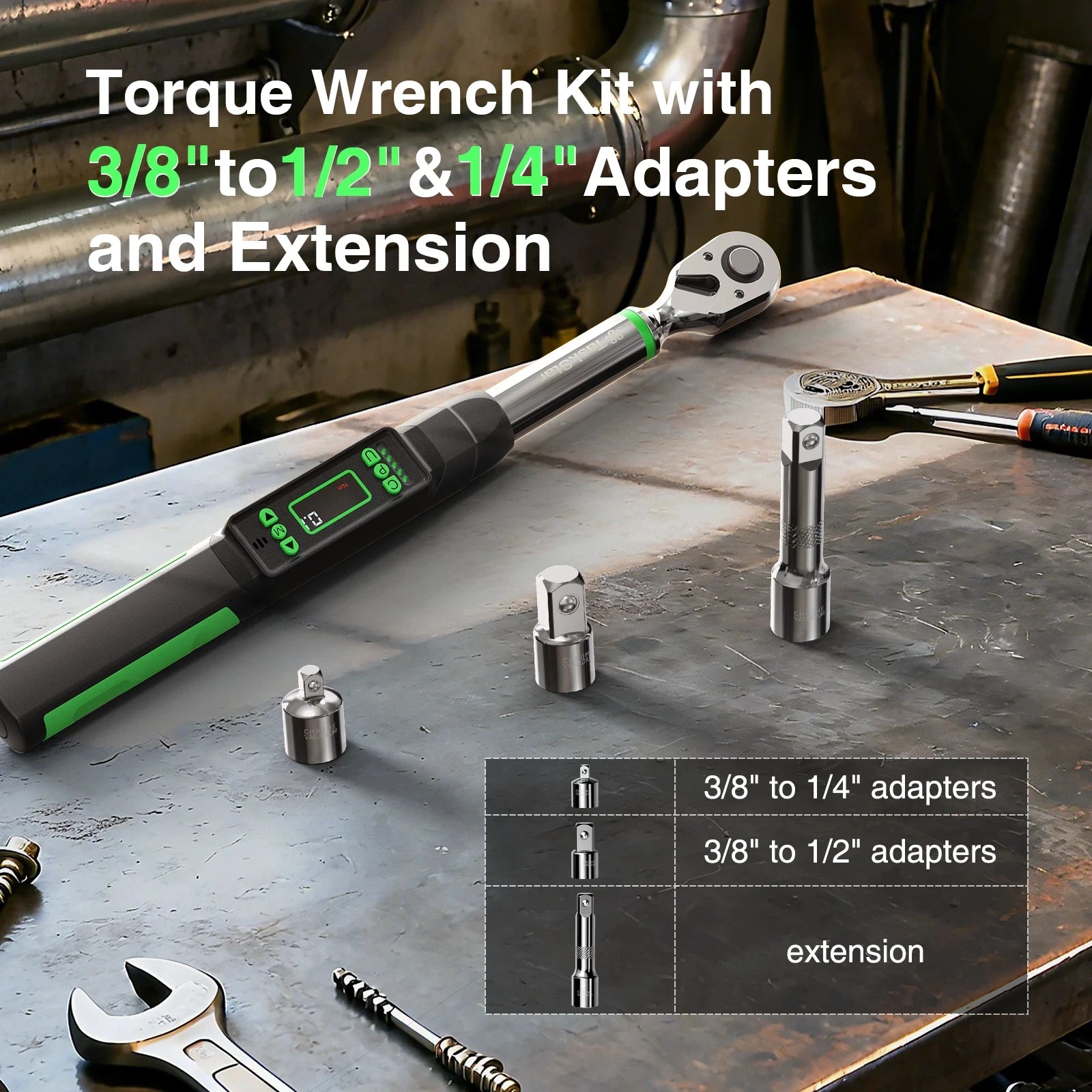TaskStar 3/8-inch Digital Torque Wrench with 1/4"&1/2" Adapter, Bidirectional Ratchet Head, ±2% Accuracy Electronic Torque Wrench(0-162ft-lbs/0-220N.m), Handheld Wrench Kit For Bicycle/Car/Motorcycle Care, 5 Units of Measure