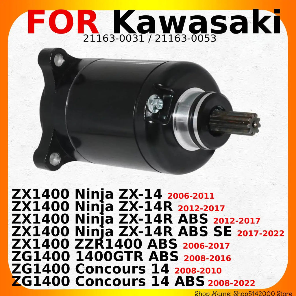 Motorcycle Starter Motor For Kawasaki Ninja ZX-14 ZX-14R ZX1400 ZZR1400 ZG1400 1400GTR Concours 14 21163-0053 21163-0031   Parts